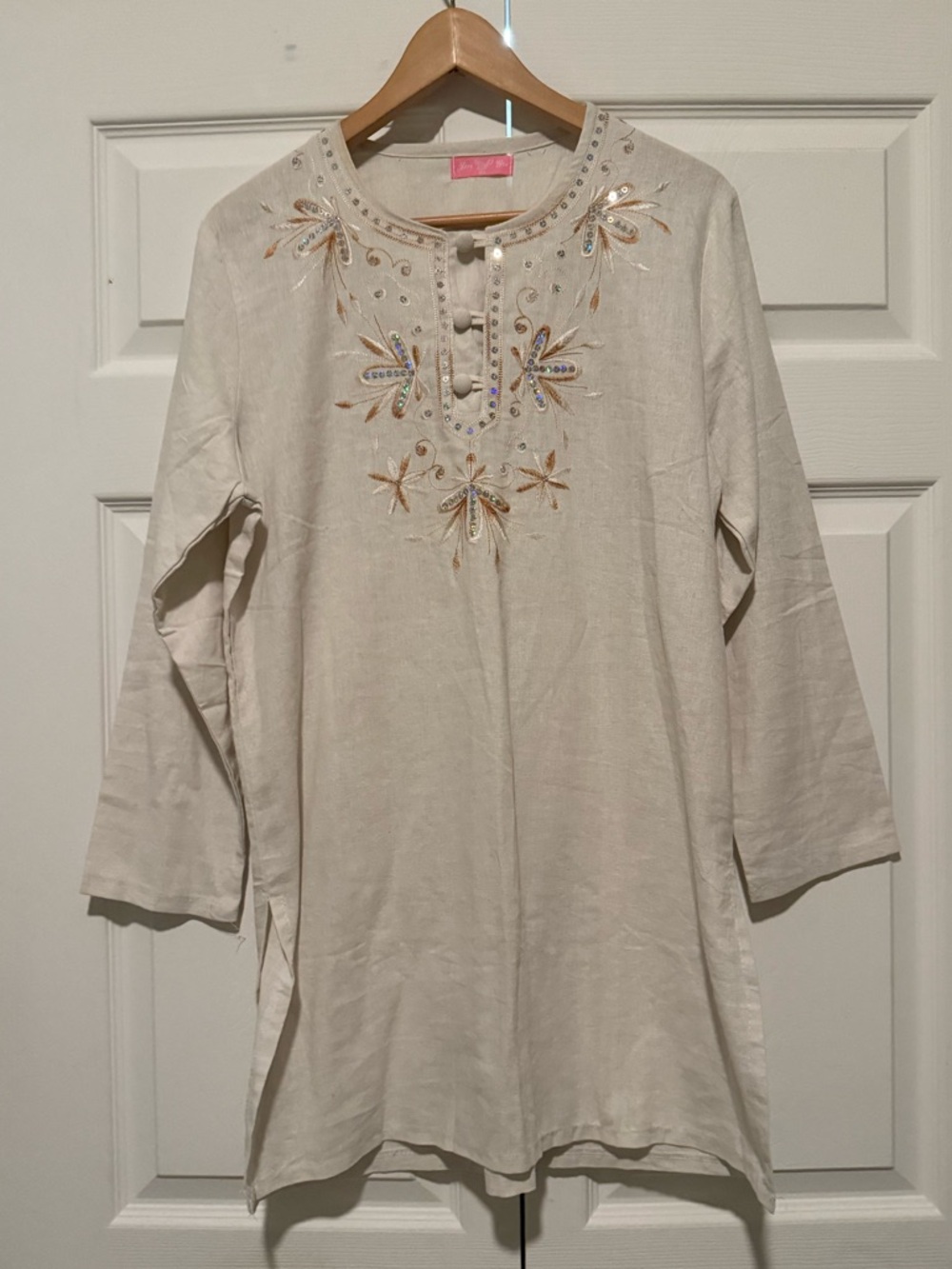 Embroidered Beige Tunic Top Linen Blend XL